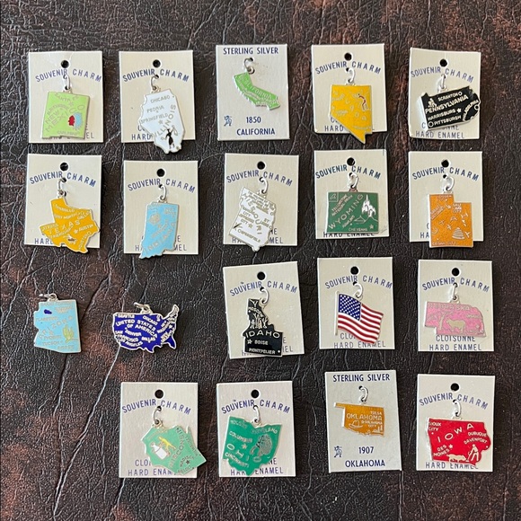 USA States Vintage Souvenir Charms Cloisonné Hard Enamel and Sterling Silver